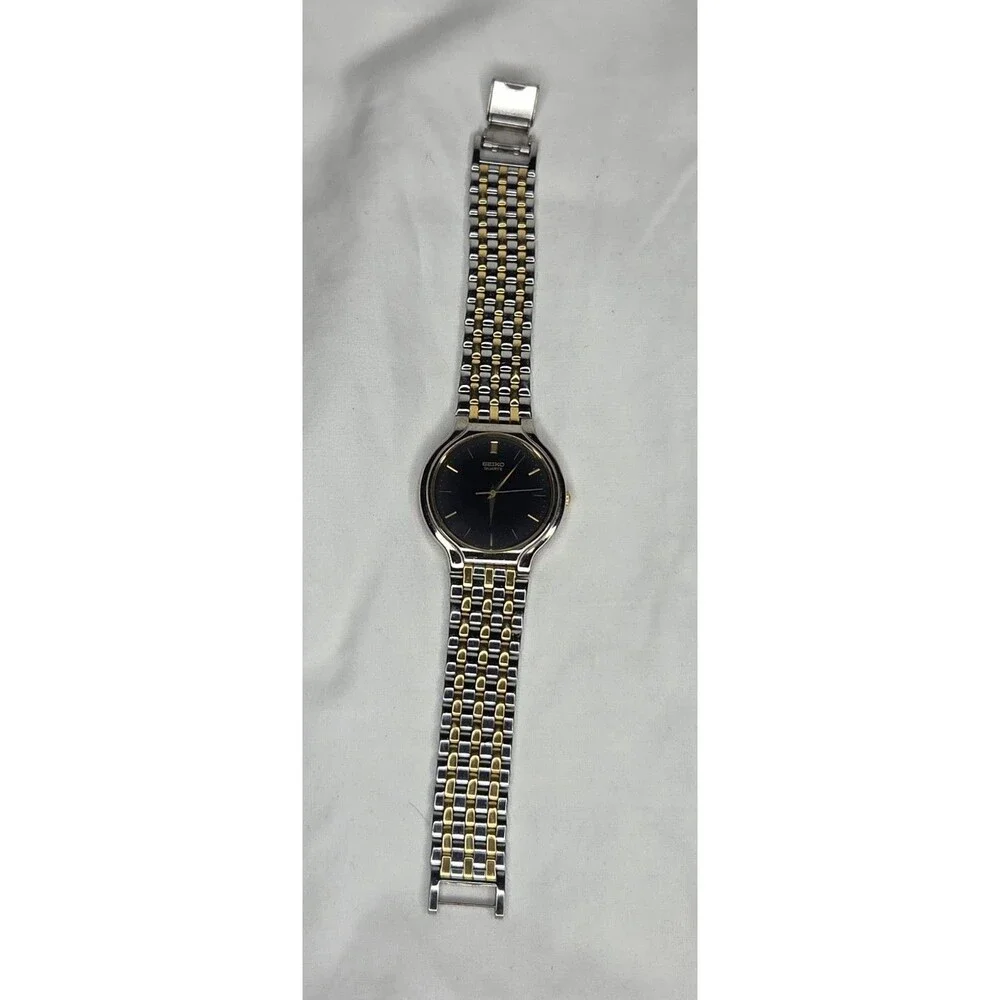 Seiko Watch Men 34mm Black Dial Two Tone Round V701-1K29 Vintage New Battery